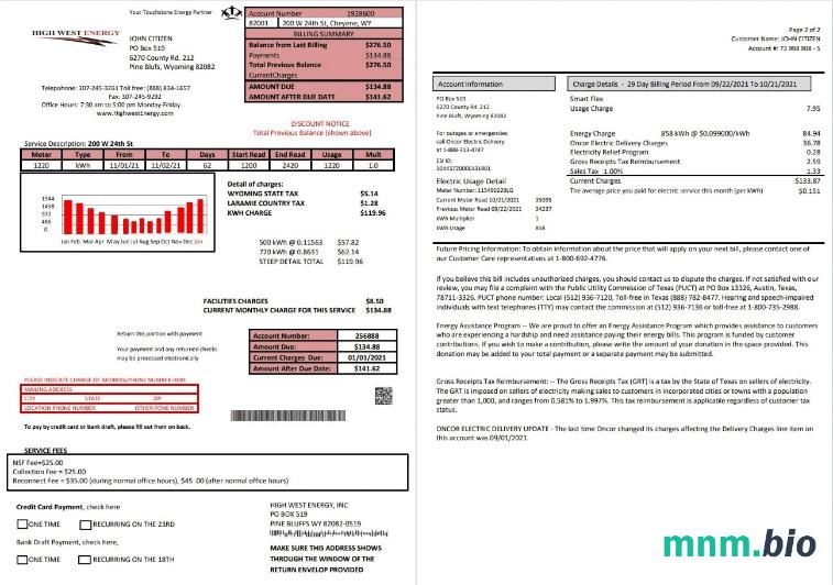 USA Wyoming High West Energy rachunek za media w formacie Word anf PDF (2 strony)